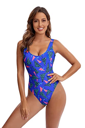 Miaiulia Women's Retro 80S/90S Inspired High Cut Low Back Padding One Piece Swimwear Bathing Suits 90S Pattern Royalblue S #TOP1