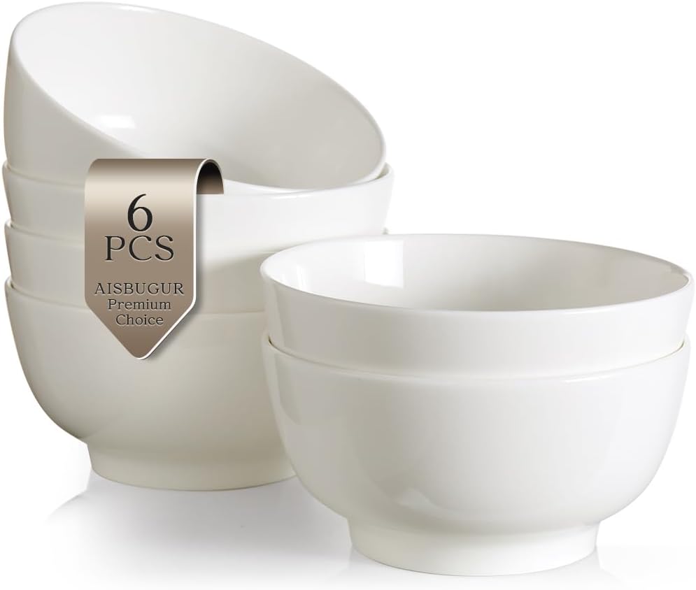 AISBUGUR Ceramic Bowls Set of 6-42OZ Deep Soup Bowls Salad Bowls for Kitchen Microwave & Dishwasher Safe - White Serving Bowls for Cereal, Soup, Pasta, Salad