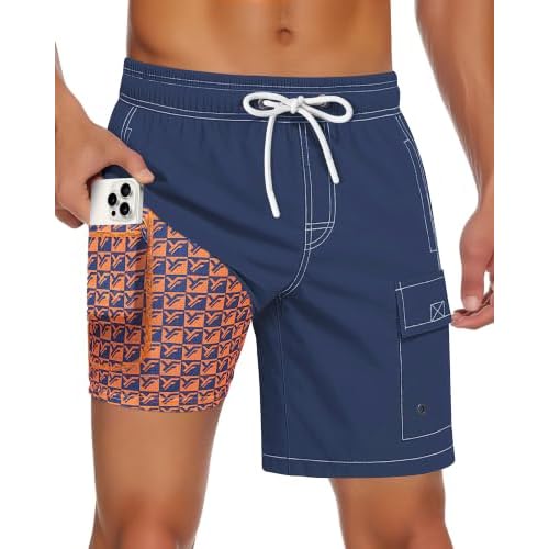 Yufawow Men Swim Trunks with Compression Liner Quick Dry Breathable Multi Pockets for Summer Beach Cruise Water Park Small Camel Khaki