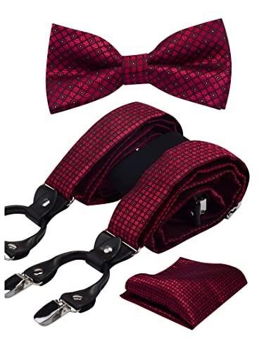 Image of GUSLESON Adjustable Plaid Floral 6 Clips Y Shape Suspenders Pre-tied Bow Tie and Pocket Square Set with Gift Box