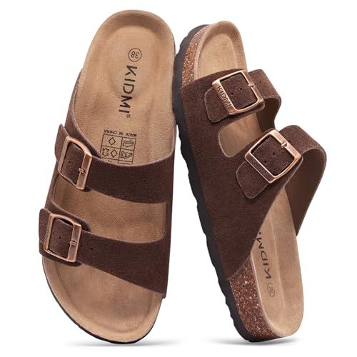 KIDMI Unisex Genuine Suede Summer Sandals Arch Support Cork Footbed Slide Sandals with Double Adjustable Buckle for Women Men, Brown 39