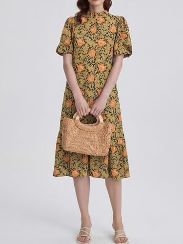 Image of Summer Floral Midi Dress for Women Spring Puff Short Sleeve Button Down Flowy Boho Dresses