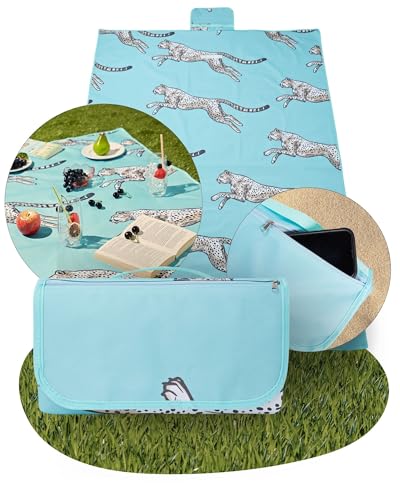 HausProjekt Blue Cheetah Waterproof Picnic Blanket, 200x150cm, Foldable, Portable Picnic Mat with Carry Handle, Hidden Zip Pocket, Sandproof, Camping Accessories for Beach, Hiking, Festival Essentials