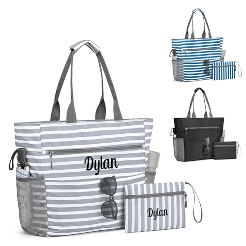 Ulico Personalzied Beach Tote Bag with Embroidered Name,Custom Large Foldable Pool Bag for Women Men-Waterproof Sandproof