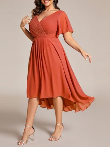 Image of Ever-Pretty Plus Summer Short Sleeves V-Neck Formal Wedding Guest Dresses for Curvy Women Chiffon Midi Cocktail Party Dress