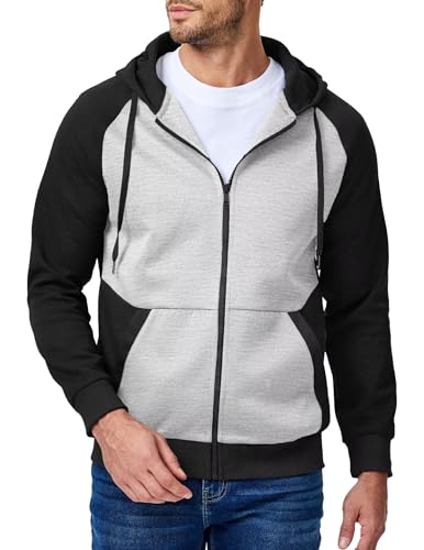 Men's Full-Zip Hoodies Sweatshirts Color Block Long Sleeve Casual Pullover Shirt with Kanga Pocket