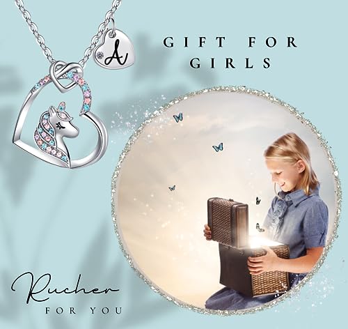 Unicorn Necklace for Girls Kids with Personalized Initial Heart Pendant, 18K Gold Fashion Jewelry for Girls, Colorful Heart Necklace for Birthday Gifts.2