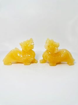 Feng Shui Pi Yao/Pi Xiu Yellow Jade Statue a Pair Wealth pixiu Sculpture Golden Home Decoration Figurine, Attract Money and Good Luck, 3.9" L