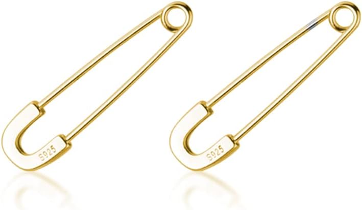 SLUYNZ 925 Sterling Silver Safety Pin Hoop Earrings for Women Minimalist 1.4" Hoop Earrings Dangle (E-Safety Pin Hoop/Gold)