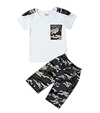 Estilo: las camisetas de niño están cosidas con camuflaje, y los pantalones están impresos y teñidos con patrones de camuflaje. Estilo simple y diferente, adecuado para deportes y uso casual.