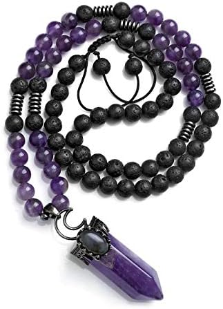 JOVIVI Lava Rock Stones Essential Oils Diffuser Healing Crystal Necklace Natural Amethyst Crystal Gemstone Hexagonal Prism Pendant Healing Pointed Reiki Energy Balancing