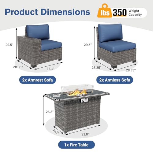 VONZOY 5 Piece Patio Furniture Set with Fire Pit Table, Outdoor Conversation Sets Grey Wicker Rattan Sectional Sofa, 4\'\' Thickened Cushion Navy Blue (Include Waterproof Cover) - Thumbnail 2