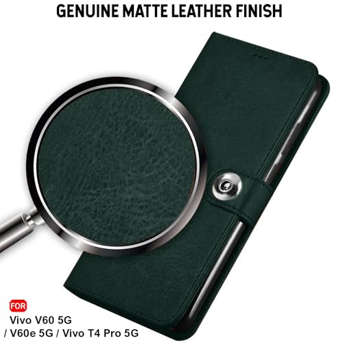 Image of TheGiftKart Genuine Leather Finish Flip Back Cover Case for Vivo V60 5G / V60e 5G / Vivo T4 Pro 5G | Inbuilt Pockets & Stand | Wallet Style | Designer Button Magnet Flip Cover (Faux Leather, Green)