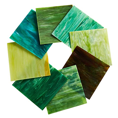 Maxgrain 6X6 Inch Stained Glass Sheets Green Variety Mixed Colors Opaque Glass Packs Mosaic Art Glass For Art Crafts, 8 Sheets #TOP3