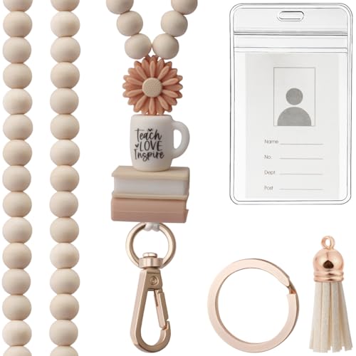 GUENOCIK Teacher Lanyard with ID Holder, Fashion Wood Beaded Lanyard for Keys, Super Cute...