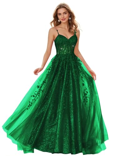 Hiclein Tulle Prom Dresses 2026 Sparkly Lace Appliques Long with Slit for Women Spaghetti Straps...