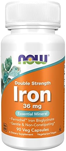 NOW Supplements, Iron 36 mg, Double Strength, Non-Constipating*, Essential Mineral, 90 Veg Capsules