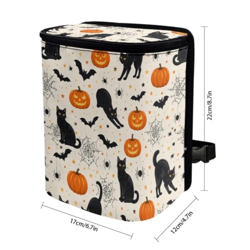 Image of Talayituse Pumpkin Black Cat Bat Print Car Trash Can Portable Auto Garbage Bin Multifunctional Vehicle Interior Accessories with Adjustable Straps Universal Fit Truck SUV Sedan Halloween Decor