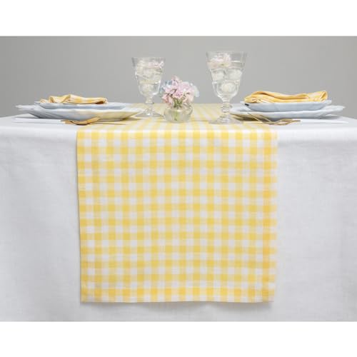 Solino Home 100% Pure Linen Table Runner Yellow, Gingham Check 14 x 108 in
