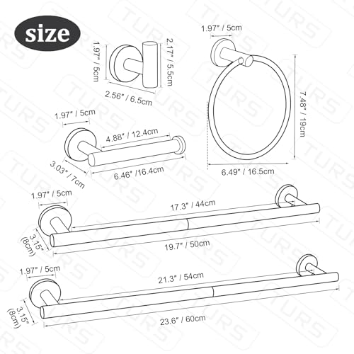 TURS Matte Black 8 Pieces Bathroom Hardware Set, SUS304 Stainless Steel 24 Inch and 20 Inch Bath Towel Bar Set, Round Bathroom Accessories Kit Wall Mounted Towel Holder by TURS - Used condition - Image 7