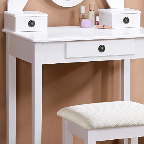 Roundhill Furniture Moniya Wood Makeup Vanity Table and Stool Set, White
