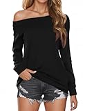 Buauty Women's Off Shoulder Tops Boat Neck Long Sleeve Blouse Cute Loose Casual Oversized Shirt 2024 Drop Shoulder Baggy Tops Black