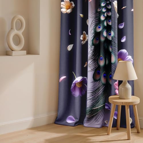 Image of Ultimate Trends Room Darkening Digital Printed Peacock Prints Curtain 65-70% Opacity,Diamond Eyelets, Tie Back, 8 FEET Pack of 1,Deep Navy