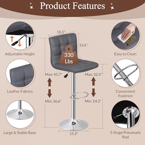 Image of ZENY Set of 4 Adjustable Swivel Barstools, Modern PU Leather Kitchen Counter Bar Stools, Square Back Bar Stool (Grey)