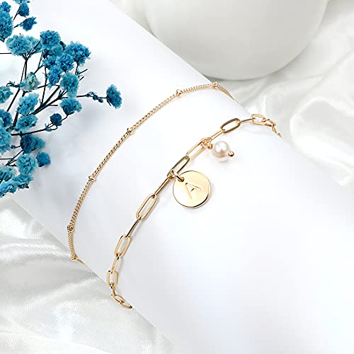 Dainty Layered Initial Bracelets For Women, 14K Gold Plated Letter K Initial Bracelets Handmade Cute Pearl Charm Bead Bracelets For Women Girls Birthday Mother's Day Christmas Gifts #TOP5