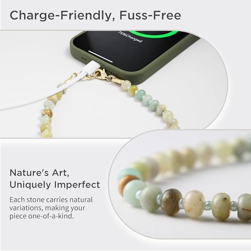 Posadina Handykette aus Naturstein, Handmade kurzer Handyanhänger mit Perlen, Beaded Handyband Phone Charm mit passgenauer Lasche