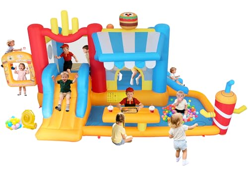 Ytonisld Inflatable Bounce House with Dual Slides, 10-in-1 Bouncy Castle with Blower, Jump House with Ball Pit, Basketball, Photo Frame & Games, Fast Food Theme Bouncer for Kids 3-10, 14.4X11.7X7.7FT