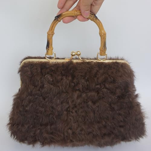 Luxury Faux Karakul Curly Rabbit Fur Handbag with Bamboo-Style Handle and Gold Kisslock Frame3