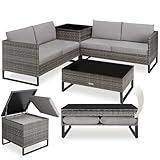 tectake® Salottino in Rattan, Set da Giardino con 2 Sofà e Tavolo con Lastra in Vetro, Box Contenitore, Cuscini Spessi, Telaio in Acciaio, Intreccio in Polyrattan, Set Di Mobili da Giardino - Nero