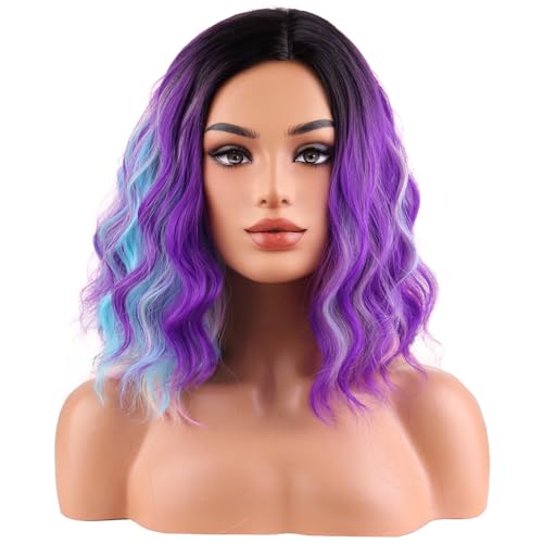 Image of BERON Black Ombre Purple and Blue Short Curly Wave Women Wigs Girls Purpla Mixed Pink and Blue Rainbow Shoulder Length Wavy Synthetic Wig for Cosplay Costume Party or Daily