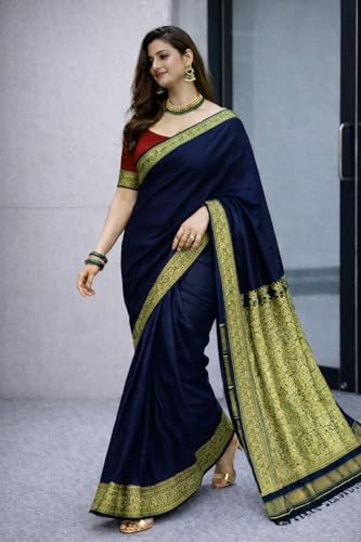 Image of Women's Glory Banarasi Satin Silk Saree with Rich Zari Woven Border & Pallu | Soft Glossy Party Fancy Traditional Saree for Wedding, Festive, Function | Blouse Piece Included