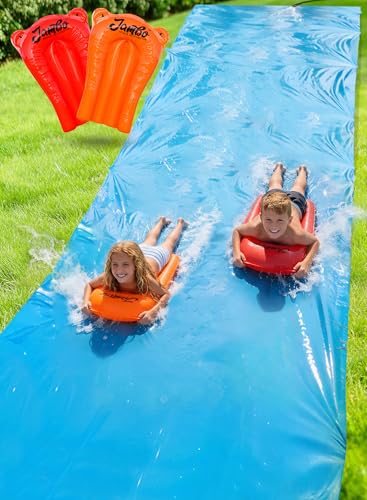 JAMBO Tobogán acuático MEGA XXL de 40 x 7 pies y 2 bodyboard modelo actualizado, extra largo, extra ancho para niños, tobogán acuático resistente para patio trasero, juguete acuático al aire libre