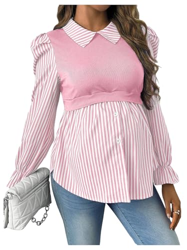 WDIRARA Women's Maternity Striped Button Down Shirts Long Sleeve Collared Blouse 2 in 1 Nursing Top Pink Medium