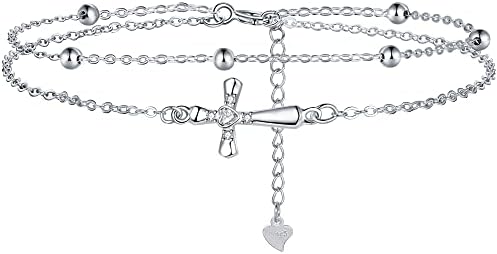 Lydreewam Cross Bracelet for Women 925 Sterling Silver Double Chain Crucifix Bracelet with 3A Cubic Zirconia & Gift Box, Bracelet for Christmas Christian Communion, Adjustable 17+4cm