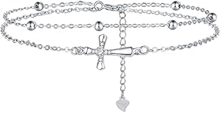 Lydreewam Cross Bracelet for Women 925 Sterling Silver Double Chain Crucifix Bracelet with 3A Cubic Zirconia & Gift Box, Bracelet for Christmas Christian Communion, Adjustable 17+4cm