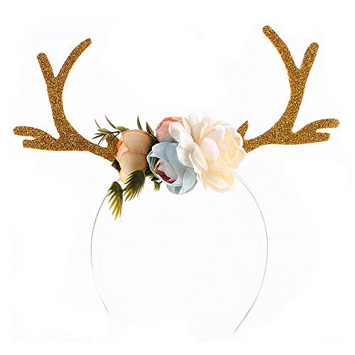 Christmas Reindeer Antlers Headband Deer Antler Hair Hoops Flower Leaf Fawn Horn Headpiece Women Crown Hairband Hair Band Party Decoration Cosplay Costume Cute Handmade Hair Accessories Khaki