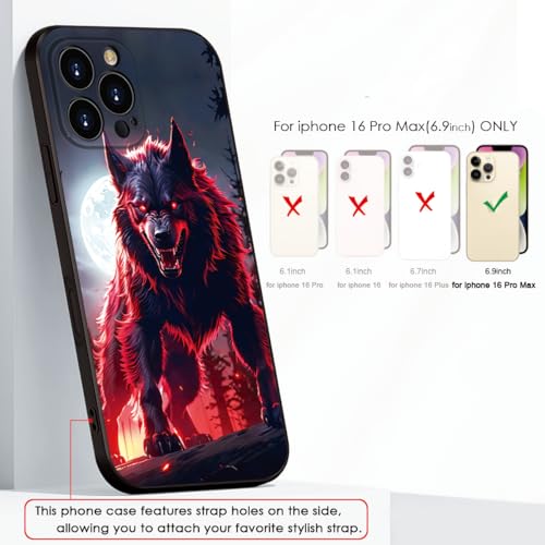 Printed with Wolf for iPhone 16 pro max case, Under The Full Moon, The Wolf King with Untamed Power and Radiating Red Eyes - Silicone Shockproof Case (A1-Wolfs-Animal)