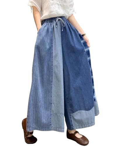 HaoMay Women's Loose Fit Elastic Waist Wide Leg Jeans Palazzo Pants Culottes