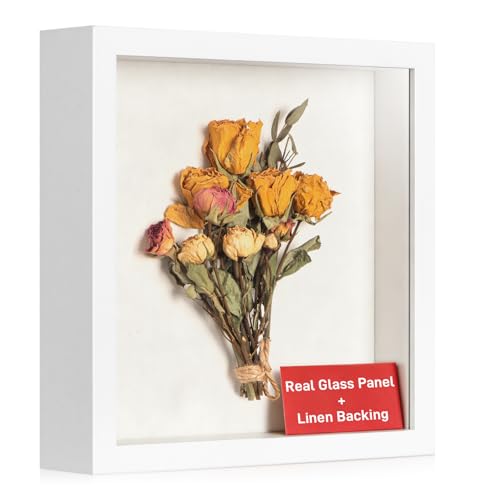 MUXIUNT 8x8 Shadow Box Frame with Real Glass Panel and Soft Linen Back Small White Memorial Shadow Box Picture Frame Display Case 8x8 for Flower Baby Pet Wedding Photo Craft Memorial Gift