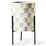 MACKENZIE-CHILDS Tabletop Ceramic Planter with Stand, Decorative Pot for Indoor Plants, Gray-and-White Sterling Check