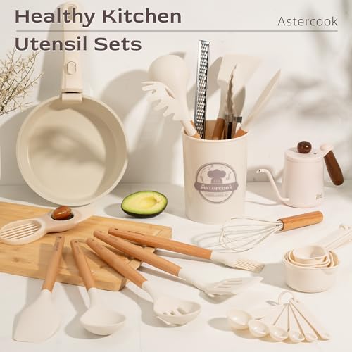 Image of Astercook Kitchen Utensils set, 39 PCS Silicone Cooking Utensils Set with Wooden Handle, 446F Heat Resistant Food Grade Utensil Sets, BPA Free Kitchen Gadgets Tools Set for Nonstick Cookware (Cream)