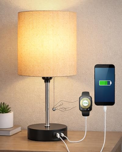 Image of Homesake Bedside Lamp for Bedroom Nightstand Table Light with USB A | C Charging Port, Desk Lamp, Pull Chain Light, Side Table Desk Reading Lamp, Living Room Gift, (Jute Cylinder)