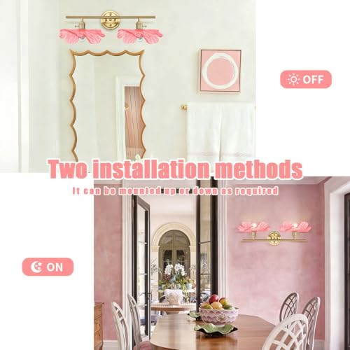 Image of Pink Glass Wall Sconce Light Gold Brass Bathroom Vanity Lights | 2 Light, Bathroom Lights Over Mirror, Vintage, MCM, Grils Room,Bedside,Doorway, E26, Easy to Install, Wall Sconce, Wall Light