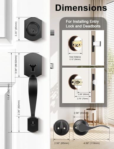 Image of Tinewa Matte Black Double Front Door Handleset with Deadbolt - Upgraded Entry Door Handle Featuring Accent Wave Lever, Keyed & Dummy Exterior Handleset Combination
