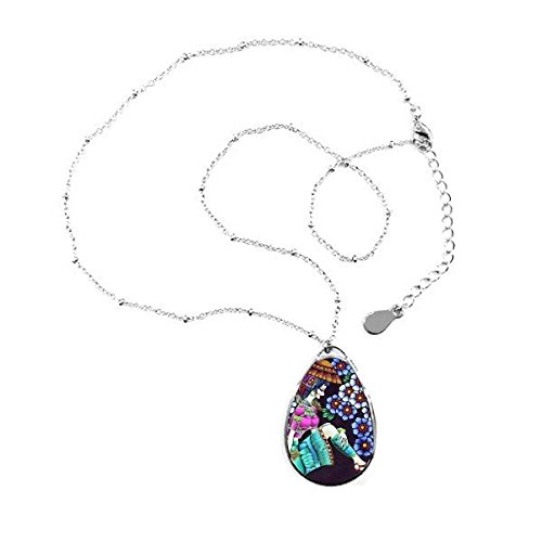 Collier pendentif teardrop de qualité peinture fine romance et fleur