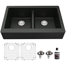 Karran QAR-750 Retrofit Farmhouse Apron Front Quartz Composite 34 in. Double Bowl Kitchen Sink Kit in Black